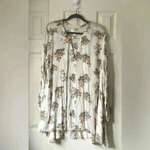 Free People White Gardenia Retro Swing Tunic Mini Dress Floral Long Sleeve M